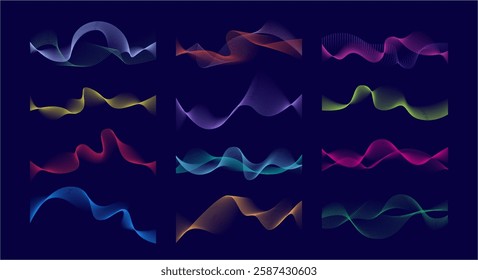 Dynamic waves gradients set. Vector visual effect of line colors spectrum. Fluid or moving nature gradients collection. Musical particles or energy flows rolling, pulsating or oscillating