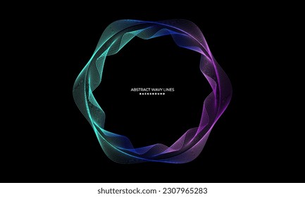 Dynamic wavy abstract light lines in blue green colors isolated on black background, suitable for backgrounds for technology, communication, science, music and others