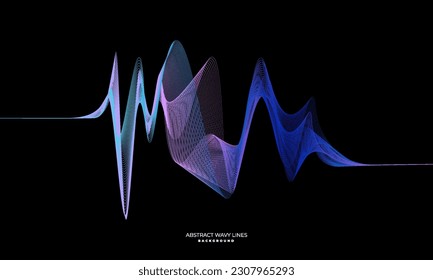 Dynamic wavy abstract light lines in blue green colors isolated on black background, suitable for backgrounds for technology, communication, science, music and others