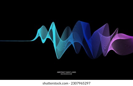 Dynamic wavy abstract light lines in blue green colors isolated on black background, suitable for backgrounds for technology, communication, science, music and others