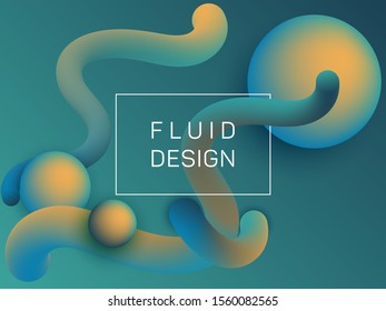 Dynamic wavy fluid and spherical gradient shapes presentation cover. 3d motion concept background, bubbles and curve shapes flow. Gradient fluid elements future design. Chemical wallpaper.