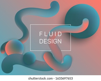 Dynamic wavy fluid and spherical gradient shapes banner template. 3d motion concept background, bubbles and curve shapes flow. Gradient fluid elements future design. Techno style for web.