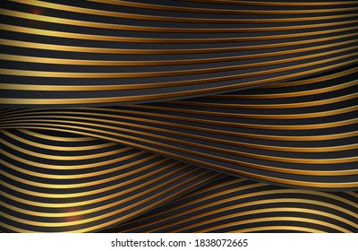 Dynamic wavy gold lines background. Black and gold luxury elegant background.