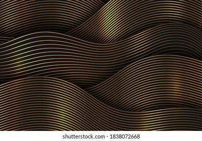Dynamic wavy gold lines background. Black and gold luxury elegant background.