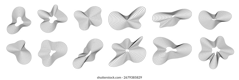 Dynamic wavy line shapes. Abstract organic amorphous wave shape with ripple, simple pattern fluid. Sound pulse graphic 3d spectrum. Digital spiral blob, black blend liquid effect. Vector set.