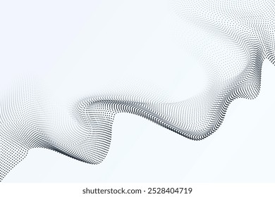 Dynamic wavy particles on a white background. This abstract design showcases the flowing motion of particles, representing a technology and science concept in a sleek and modern style