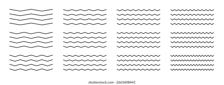 Dynamic wavy and squiggly line icons with seamless zigzag curves. Crisscross distortions and sinuous strokes add movement and texture. Ideal for patterns or waveform dividers.