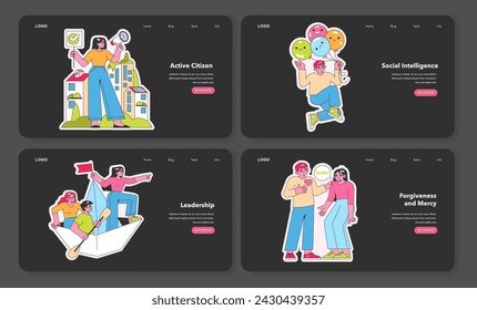 Dynamic web templates featuring Character Strengths. Engaging visuals of active citizenship, insightful leadership, social intelligence with emotions, and heartfelt forgiveness. Vector illustrations.