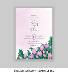 Dynamic weeding card template with hand draw brawn leaves and burgundy background Vector template design