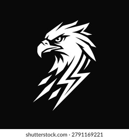 Dynamic white eagle profile silhouette integrated with lightning bolt elements on a black background, representing speed, precision, and electrical power.