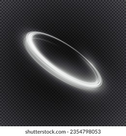 Dynamic white lines with glow effect. Rotating shiny half rings. Abstract sparkling swirls, waves.