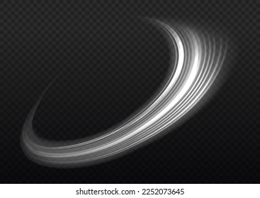 Dynamic white motion wave twist. Swirling glow neon wavy. Glowing spiral lines effect. Curved line light. Glittering trail. Rotating shining waves of speed. Sparkling swirl with flare sparkle, vector