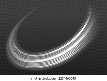 Dynamic white motion wave twist. Swirling glow neon wavy. Glowing spiral lines effect. Curved line light. Glittering trail. Rotating shining waves of speed. Sparkling swirl with flare sparkle, vector