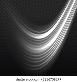 Dynamic white motion wave twist. Swirling glow neon wavy. Glowing spiral lines effect. Curved line light. Glittering trail. Rotating shining waves of speed. Sparkling swirl with flare sparkle, vector