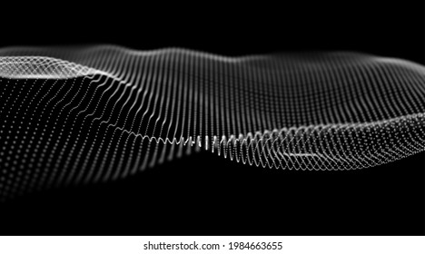 Dynamic white particle wave. Abstract sound visualization. Flow digital structure. Mesh landscape or grid data technology.