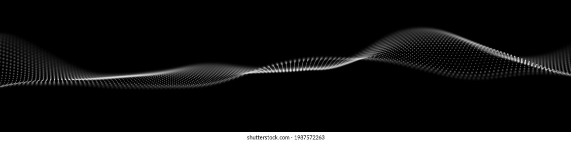 Dynamic white particle wave. Abstract sound visualization. Flow digital structure. Mesh landscape or grid data technology.