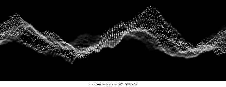 Dynamic white particle wave. Abstract sound visualization. Flow digital structure. Mesh landscape or grid data technology.