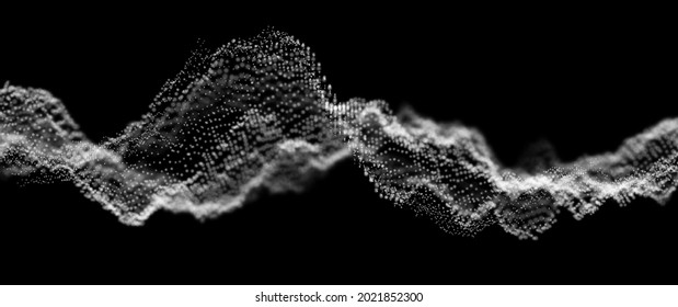 Ola dinámica de partículas blancas. Visualización de sonido abstracto. Estructura digital de flujo. Tecnología de datos en malla o en cuadrícula.