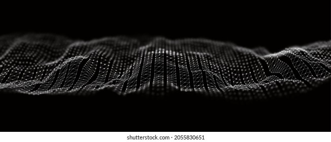 Ola dinámica de partículas blancas. Visualización de sonido abstracto. Estructura digital de flujo. Tecnología de datos en malla o en cuadrícula.