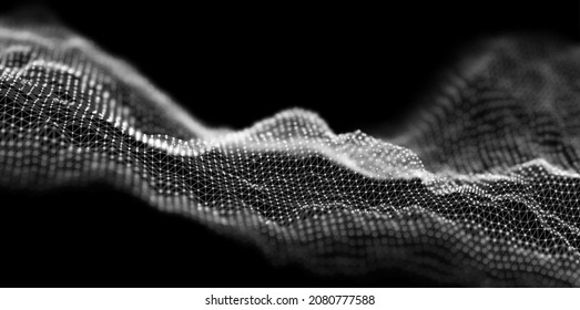 Dynamic White Particle Wave. Abstract Sound Visualization. Flow Digital Structure. Mesh Landscape Or Grid Data Technology.