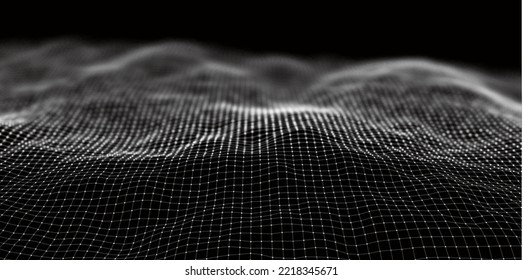 Dynamic White Particle Wave. Abstract Sound Visualization. Flow Digital Structure. Mesh Landscape Or Grid Data Technology.