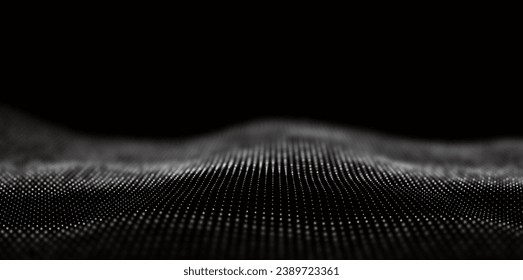 Ola dinámica de partículas blancas. Visualización de sonido abstracto. Estructura digital de flujo. Tecnología de datos en malla o en cuadrícula.