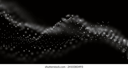 Dynamische weiße Teilchenwelle. Abstrakte Klangvisualisierung. digitale Flussstruktur. Mesh Landschaft oder Gitterdatentechnologie.