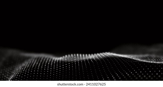 Dynamic white particle wave. Abstract sound visualization. Flow digital structure. Mesh landscape or grid data technology.