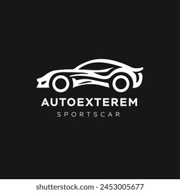 Dynamic white sports car logo on a black background exudes power and sophistication, symbolizing speed and luxury.