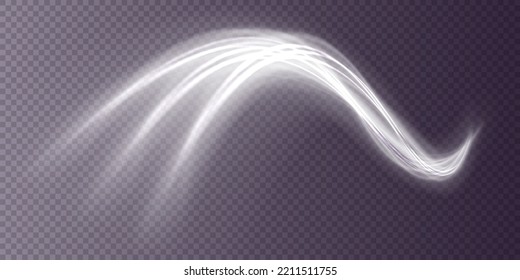 Dynamic white trail, fire path trace line, car lights, optic fiber and incandescence curve twirl. Curve light effect of motion wave. Sparkling translucent comet bokeh. Neon vector speed flying trails 