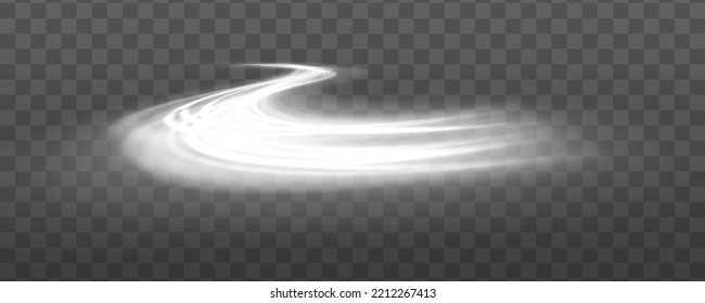 Dynamic white trail, fire path trace line, car lights, optic fiber and incandescence curve twirl. Curve light effect of motion wave. Sparkling translucent comet bokeh. Neon vector speed flying trails 