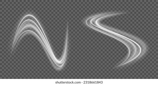 Dynamic white trail, fire path trace line, car lights, optic fiber and incandescence curve twirl. Curve light effect of motion wave. Sparkling translucent comet bokeh. Neon vector speed flying trails 