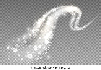 Dynamic white wave with sparks and bubbles. Transparent light effect