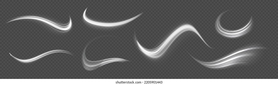 Ondas blancas dinámicas. Línea de movimiento brillante. Efecto espumoso claro. Líneas de velocidad luminosas. Rayos voladores mágicos de brillo, partículas brillantes de brillo vuelan. Ilustración vectorial.