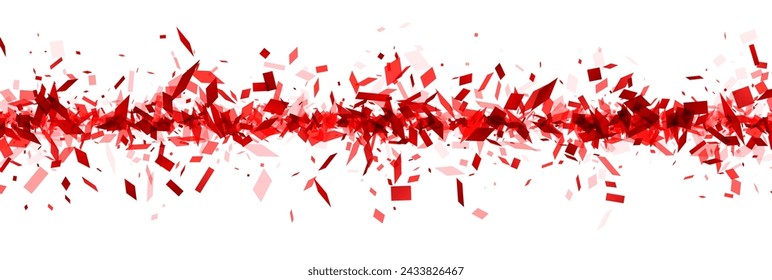 A dynamic, wide banner featuring a swirling storm of red confetti pieces against a bright white background, ideal for celebrations.
