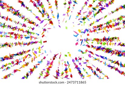 A dynamic wide-angled shot capturing the lively burst of multicolored confetti pieces against a pristine white background, perfect for panoramic event celebration themes.