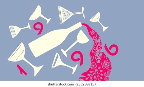 Dynamic wine illustration featuring scattered glasses and a pouring bottle with floral patterns, perfect for creative posters, winery events, and menus.
