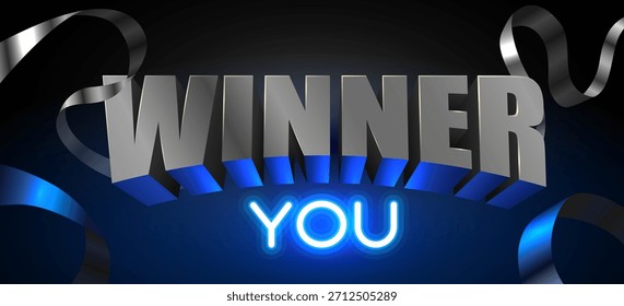 Dynamic Winner You text with 3D effect and neon glow on a dark background, accented with ribbons. Vector illustration.