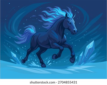 Dynamic winter horse with a deep blue fire mane and icy crystal accents, symbolizing the harsh January cold. Detailed 2D vector illustration with frosty atmosphere, strong motion and dramatic lighting