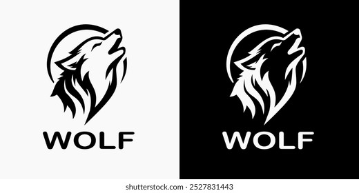 Dynamic wolf logo featuring a howling wolf in a minimalist style. Ideal for outdoor brands, sports teams, or businesses seeking a symbol of strength, leadership, and wild nature