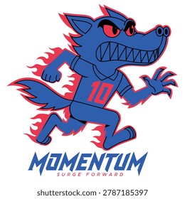 Dynamic wolf mascot, running with flames, embodying momentum and surge forward, energetic and unstoppable motion graphic.