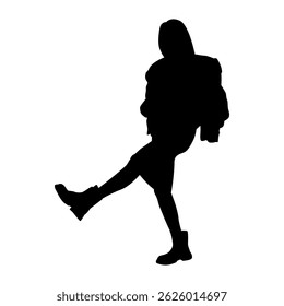 Dynamic Woman Silhouette in Boots and Jacket, Active Female Figure Outline Kicking One Leg