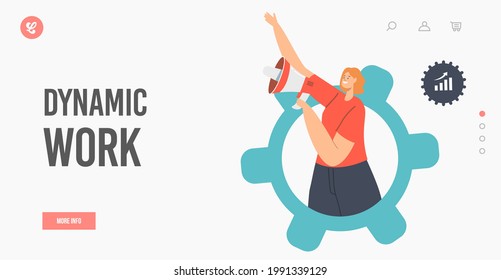 Dynamic Work Landing Page Template. Business Mechanism, Working Routine Process. Woman with Loudspeaker in Huge Cogwheel Gear, Corporate Development Strategy. Cartoon People Vector Illustration