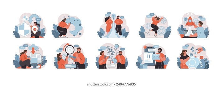 Dynamic workplace set. A suite of illustrations showcasing business professionals in scenarios ranging from cybersecurity to innovative startup launches and financial management. Flat vector.