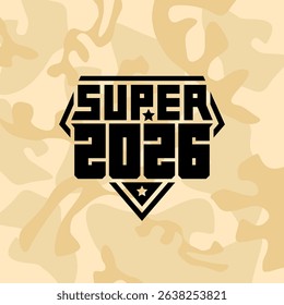 Dynamic year 2026 logo featuring strong geometric lettering on desert camo backdrop ideal for athletic tournaments, gaming and military-themed designs.