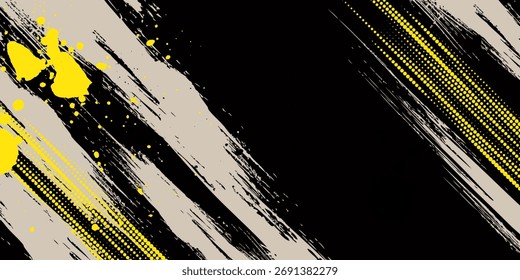 Dynamic yellow and beige grunge texture on dark background. Abstract brush strokes and halftone lines create energetic sport and urban design style. Perfect for banners and posters.