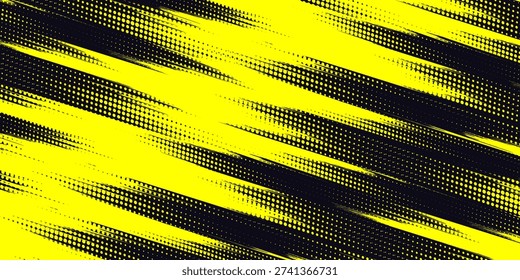Dynamic Yellow and Black Grunge Background with Halftone Dot Pattern and Distressed Brush Stroke Texture. vector illustration