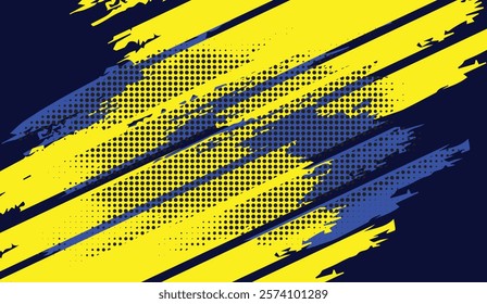 Dynamic Yellow and Blue Abstract Background with Grunge Brush Strokes and Geometric Dotted Patterns