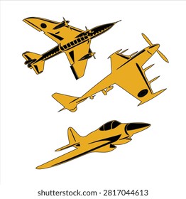 Dynamic yellow graphic set showcasing various airplane designs isolated on transparent background for creative usage.