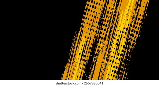 Dynamic yellow grunge brush stroke on black background with halftone texture. Perfect for sport posters, urban design, modern banners, business templates, and creative presentation backdrops.